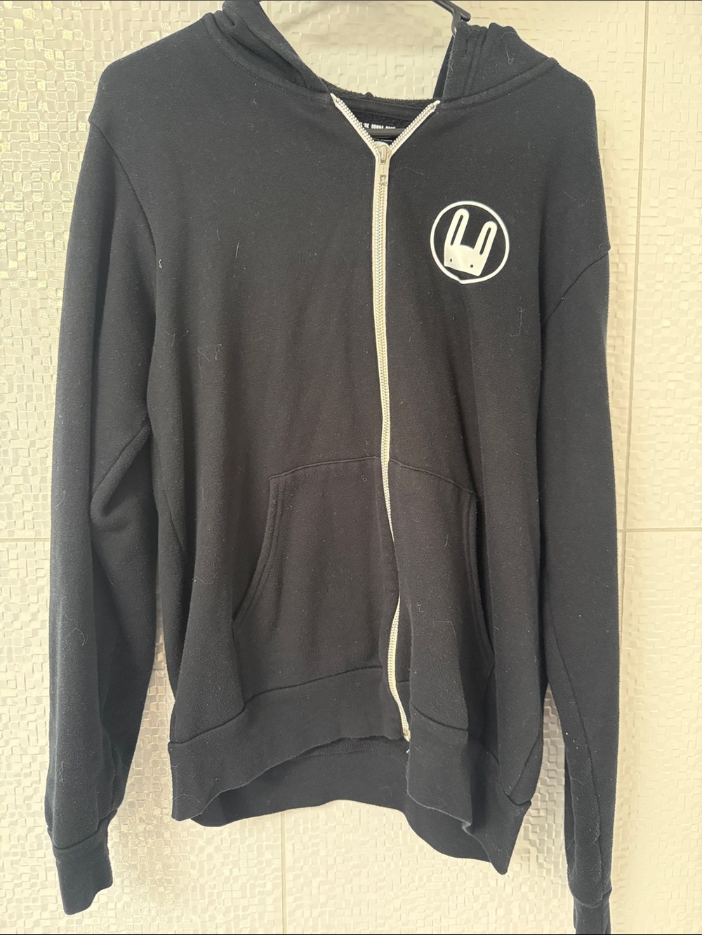 Black Zip-Front Hooded Sweater with White Bunny Emblem